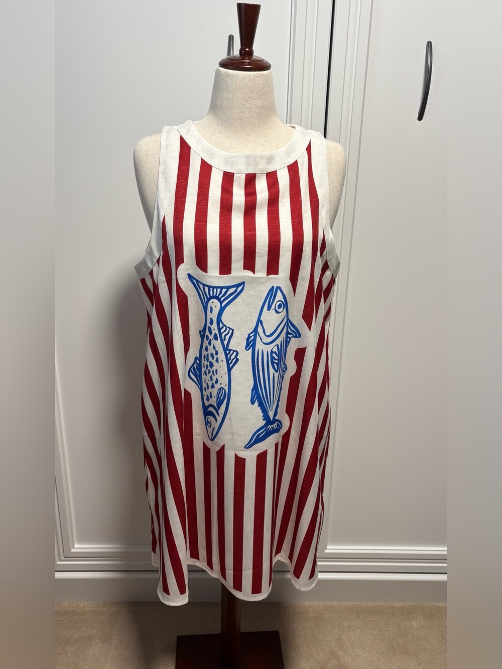 Red & White Striped Tank Dress with Blue Fish Graphic